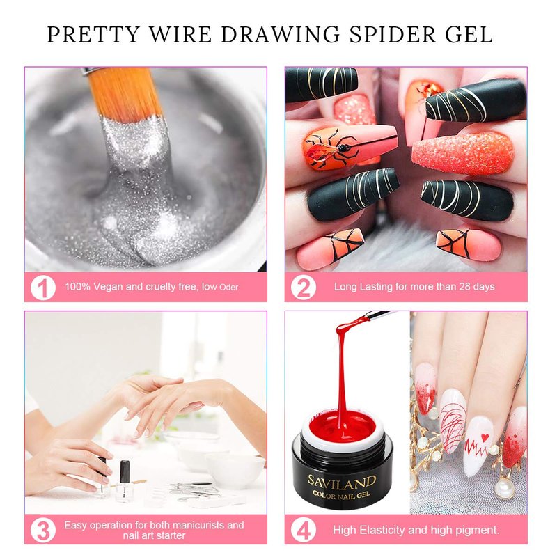 SAVILAND 6 Colors Spider Gel, New Upgraded Matrices Spider Gel with Nail Art Brushes, Nail Designs Paint Wire Drawing Gels Polish for Line (White Black Red Blue Gold Silver)
