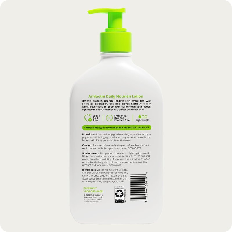 AmLactin Daily Nourish Therapeutic Body Lotion for Dry Skin - No-Scrub Exfoliator and Moisturizer 12% Lactic Acid Lotion, 14.1 oz (Packaging May Vary)