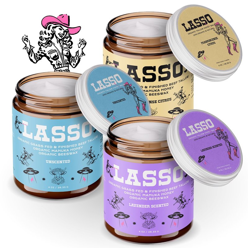 LASSO Beef Tallow Face Moisturizer with Grass-Fed/Finished Beef Tallow for Skin, Organic Manuka Honey and Beeswax, Unscented and Manuka Honey Balm