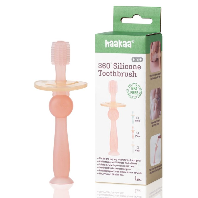 Haakaa 360° Silicone Baby Toothbrush – 100% Soft Food Grade Silicone, BPA-Free, Suction Base, Safe for Babies 6 Months+, Gentle Gum and Teeth Cleaning for Infants, Gum Massager (Pink)