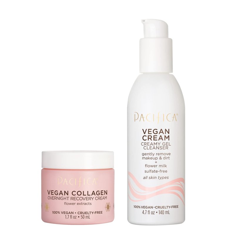 Pacifica Vegan Collagen Cleanser + Overnight Cream Set of 2 – Creamy Gel Face Wash & Rich Night Lotion Recovery Cream Gently Cleanses Deeply Hydrates & Renews, Anti-Aging No Sulfates or Parabens Clean