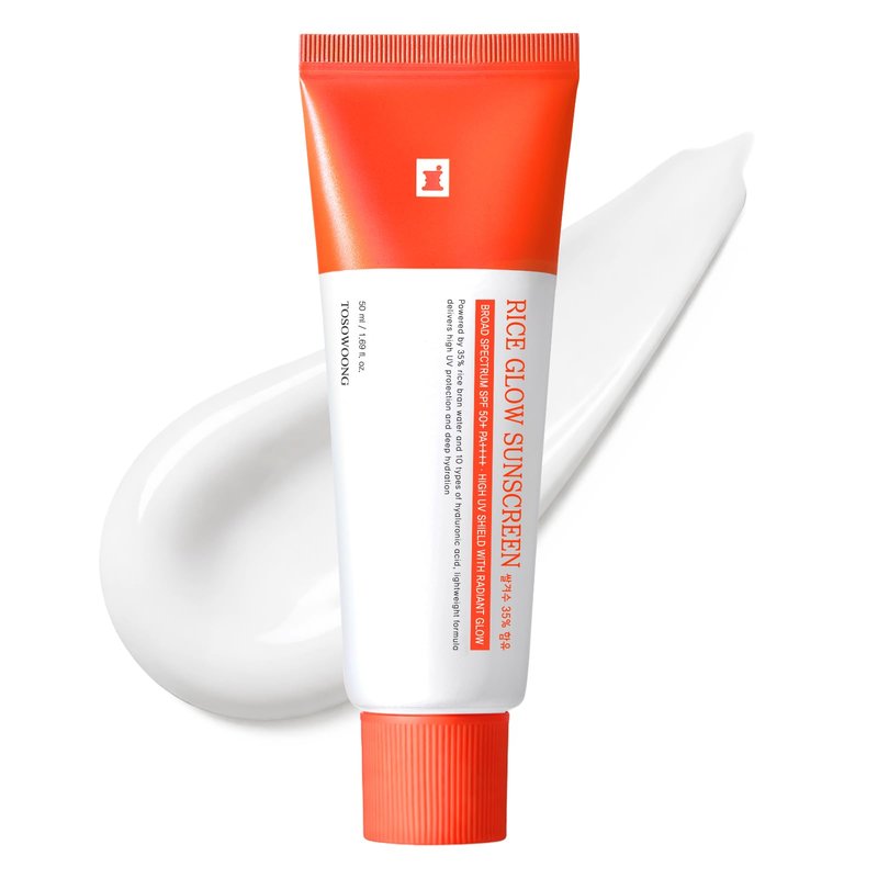 TOSOWOONG Rice Glow Sunscreen, SPF50+ Broad Spectrum Korean Sunscreen for Face, Dewy Finish No White Cast, Glass Skin Hydrating SPF Moisturizer with Rice Water & Hyaluronic Acid, 50ml / 1.69 fl. oz.