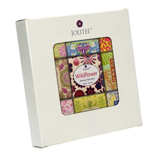 Jolitee French Milled Botanical Soap Sampler Set of 9 - Individually Wrapped Vegetable-Based Mini Soaps with Essential Oils, Shea Butter, and Natural Extracts (Floral Favorites - White Box)