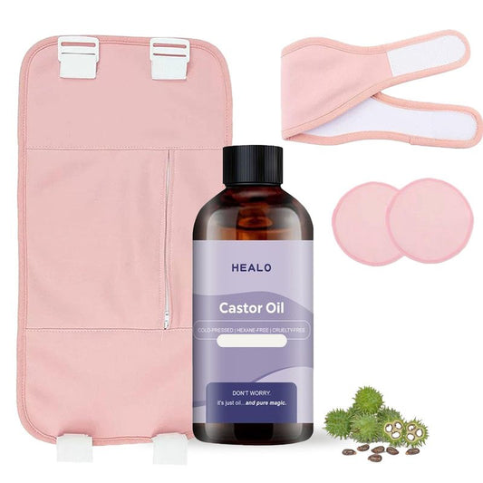 Healo, Castor Oil Pack Wrap, Castor Oil Pack Wrap Kit - 3.38 Oz with Reusable Wraps - For Stomach, Neck and Entire Body with Adjustable Elastic Straps (Pink Velcro type, 100ML)
