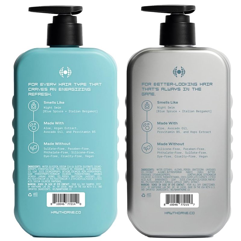 Hawthorne All Day Men's Shampoo and Conditioner Set. Sulfate Free Shampoo and Conditioner with Pure Avocado Oil and Aloe For Stronger, Healthier Hair. Night Swim Cologne Scent. 16 fl. oz. each.