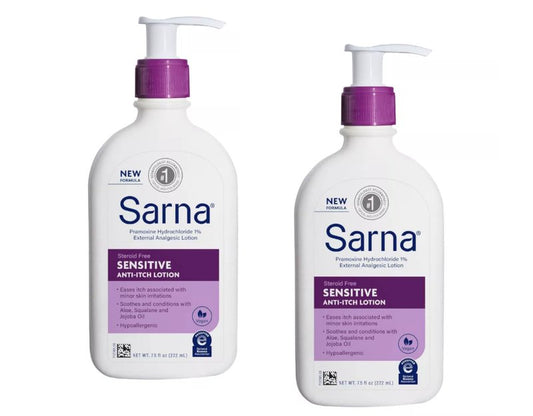 Sarna Sensitive Anti-Itch Lotion Steroid-Free with 1% Pramoxine Hydrochloride, with Aloe, Squalane, and Jojoba Oil 7.5 fl oz (Pack of 2)