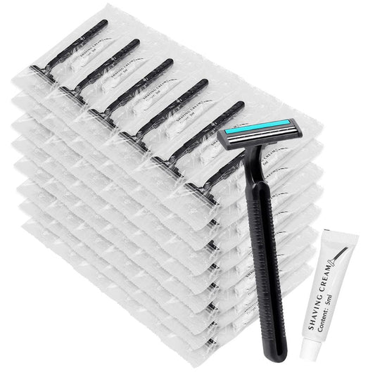 Disposable Razors in Bulk, Bulk Razors with Knife Cap, Black, Individually Packaged Disposable Razors Bulk with Shaving Cream for Hotels, Nursing Homes, Shelters, Homeless, Charities (pack-100)