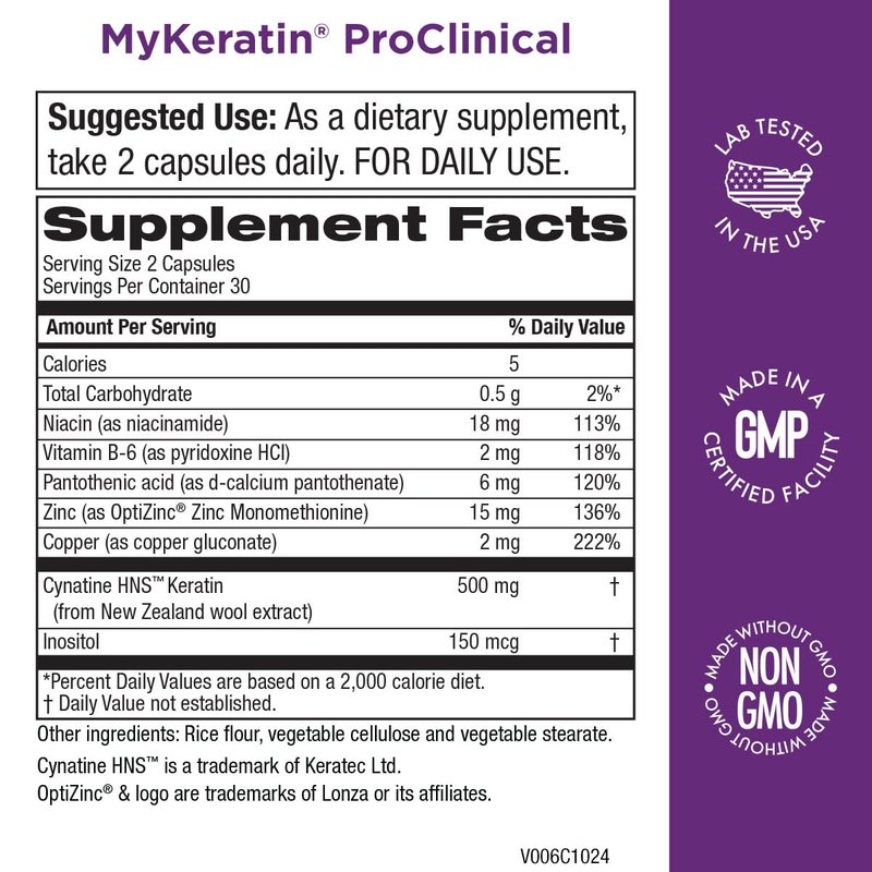 MyKeratin ProClinical Advanced Hair Therapy - Purity Products - Reduces Hair Loss & Increases Hair Strength, Shine & Luster - Next Generation Keratin Hair, Skin & Nails Super Formula - 60 Veg Capsules
