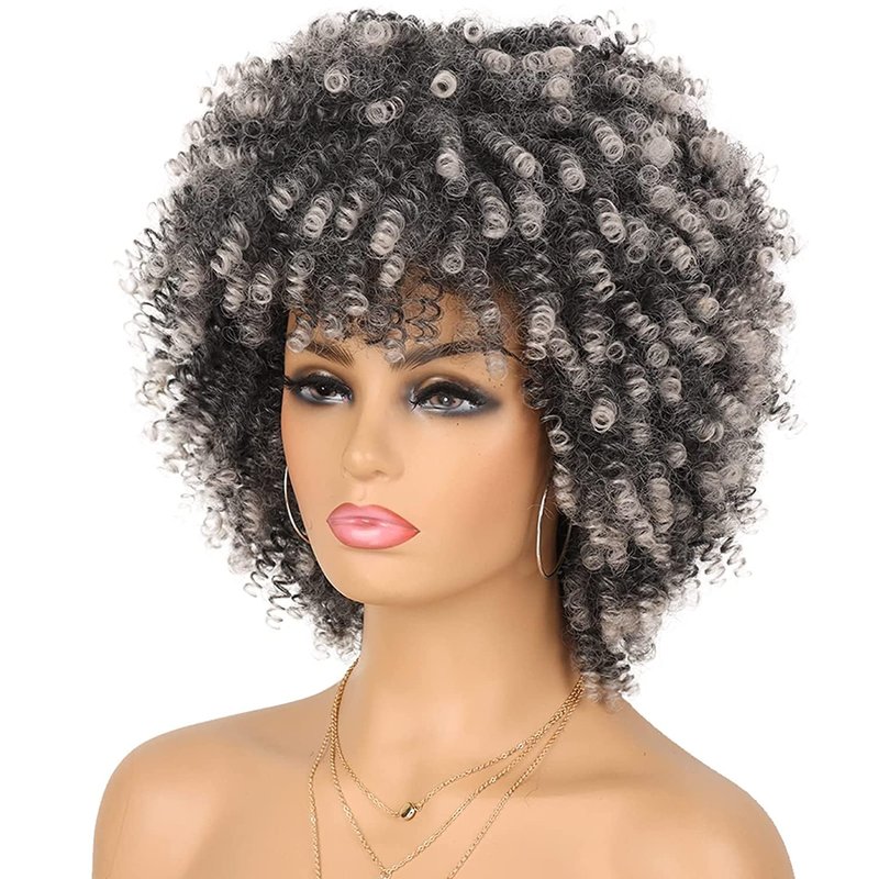 Ninroc Afro Curly Wig with Bangs Black Wigs Kinky Curly Heat Resistant Synthetic Short Curly Wigs for Women Looking Fluffy Bouncy Afro Puff Wig Daily Cosplay (Grey)