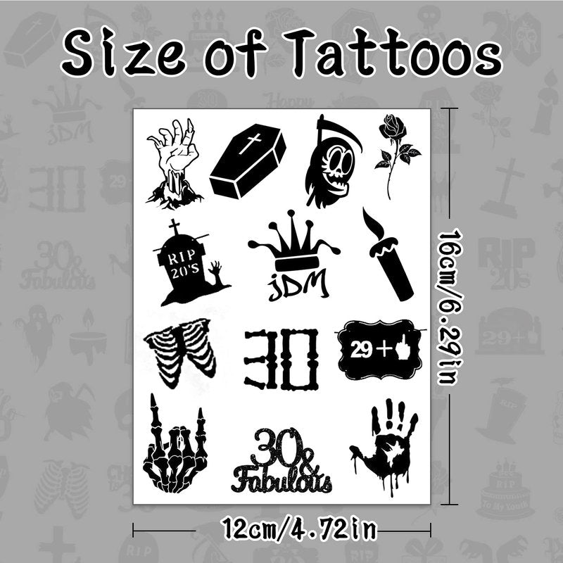 190 PCS Death to My 20s Decorations, Rip My Twenties Temporary Tattoos, Rip to My 20s Birthday Decorations for 30th Birthday Black Funeral Party for Women's and Man's Funny Thirtieth Birthday Party