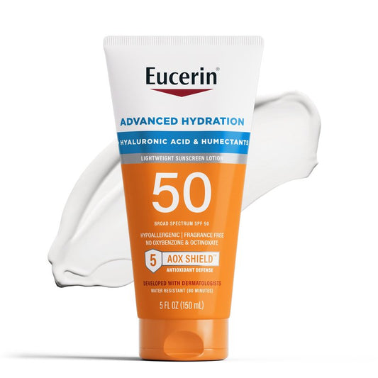 Eucerin Sun Advanced Hydration SPF 50 Sunscreen Lotion, Lightweight Sunscreen with Hyaluronic Acid and Humectants, Hypoallergenic, Fragrance Free, No Oxybenzone or Octinoxate, 5 Fl Oz Tube