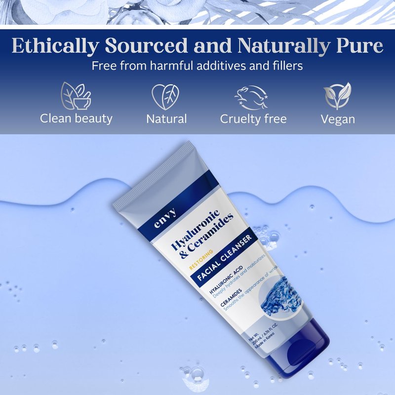 Envy Facial Cleanser with Hyaluronic Acid & Ceramides - Hydrating, Moisturizing & Radiance-Boosting - Clean, Cruelty-Free Korean Skin Care for All Skin Types - Dermatologist Tested - 6.76 oz