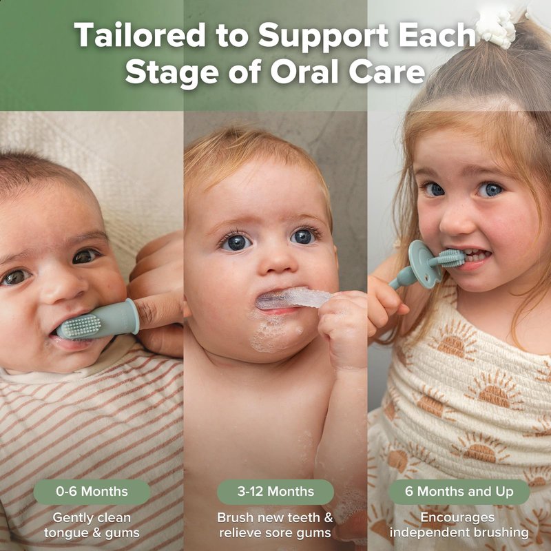 haakaa Training Toothbrush Set Oral Care Kit, Soft Silicone Toothbrush for Baby, Infants, Toddlers & Kids, Pea Green