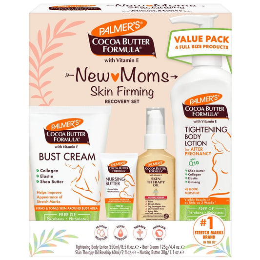 Palmer's Cocoa Butter Formula New Moms Skin Recovery Postpartum Essentials, Body Lotion (8.5 oz) + Nursing Butter (1.1 oz) + Bust Cream (4.4 oz) + Skin Therapy Oil (2 oz), Dermatologist Approved