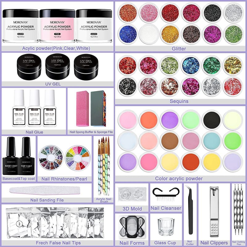 Morovan Acrylic Nail Kit - Professional Acrylic Nail Kits Set Acrylic Powder Set with Everything for Beginners Glitter Powder Acrylic Brush for Nail Art Extension