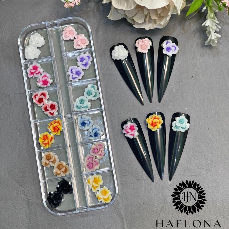HaFloNa 3D Rose Acrylic Flowers Charms Handmade by Acrylic Powder - Short & Medium Size Set 24 Pcs 3D Flower Nails Art | Exquisite Floral Accents for Crafts and Designs Salo Deco (3 Roses)